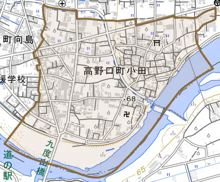 高野口町小田とその周辺の地図。町の範囲を重ねている