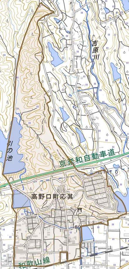 高野口町応其とその周辺の地図。町の範囲を重ねている