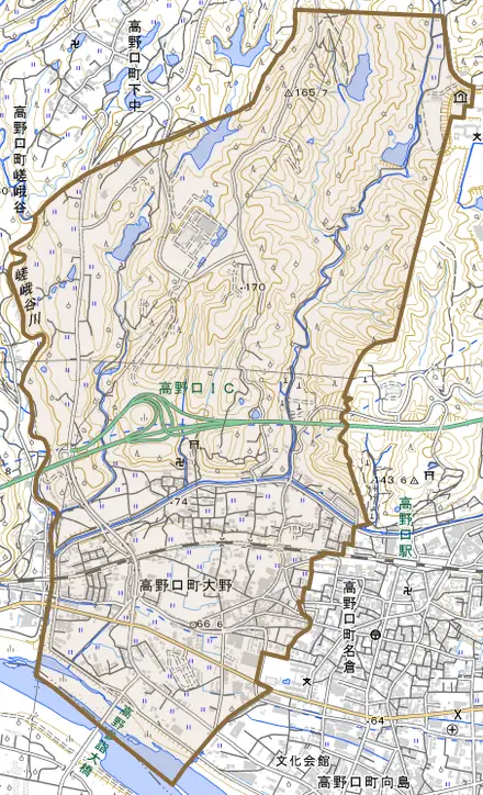 高野口町大野とその周辺の地図。町の範囲を重ねている
