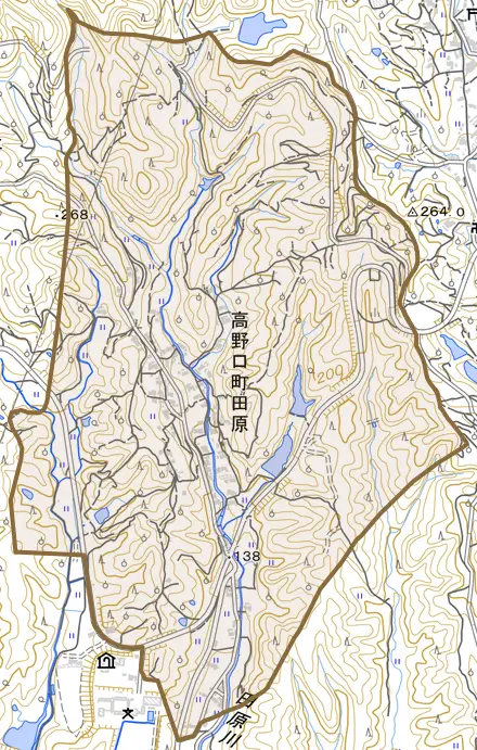 高野口町田原とその周辺の地図。町の範囲を重ねている