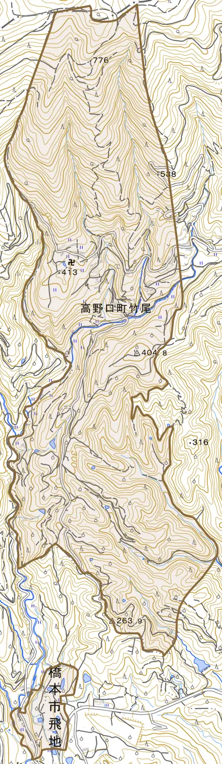高野口町竹尾とその周辺の地図。町の範囲を重ねている
