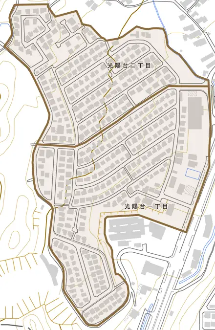 光陽台とその周辺の地図。町の範囲を重ねている