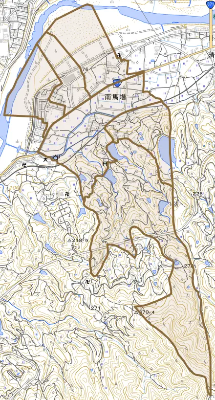 南馬場とその周辺の地図。町の範囲を重ねている