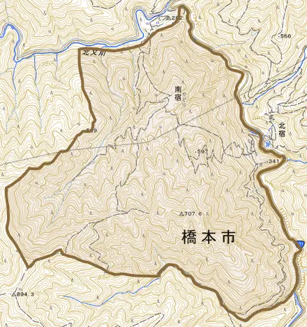 南宿とその周辺の地図。町の範囲を重ねている