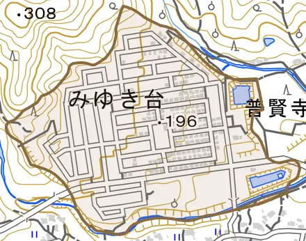 みゆき台とその周辺の地図。町の範囲を重ねている