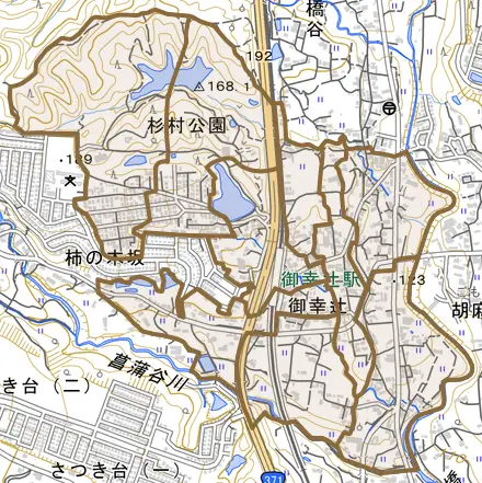 御幸辻とその周辺の地図。町の範囲を重ねている