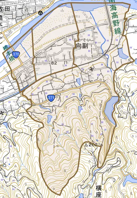 向副とその周辺の地図。町の範囲を重ねている