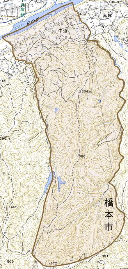 中道とその周辺の地図。町の範囲を重ねている