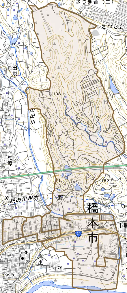 野とその周辺の地図。町の範囲を重ねている