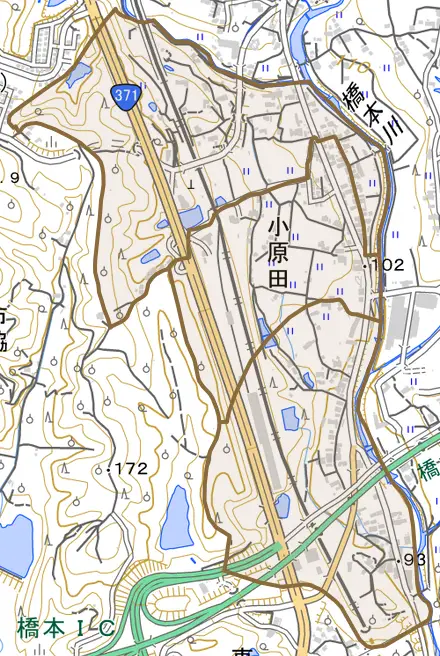 小原田とその周辺の地図。町の範囲を重ねている