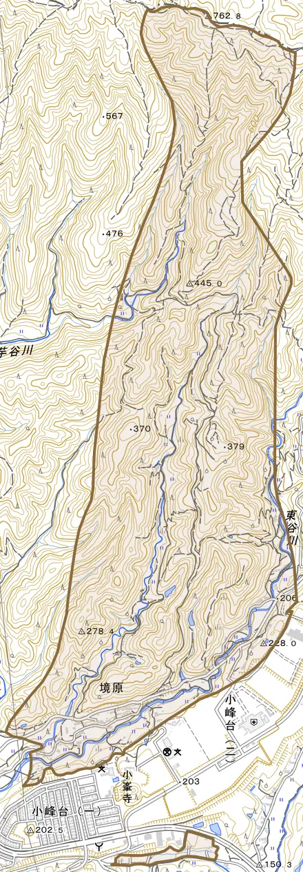 境原とその周辺の地図。町の範囲を重ねている