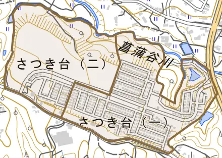 さつき台とその周辺の地図。町の範囲を重ねている