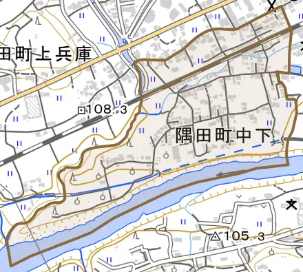 隅田町中下とその周辺の地図。町の範囲を重ねている