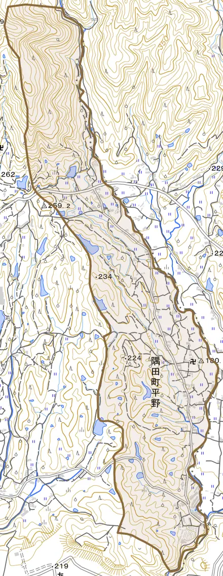 隅田町平野とその周辺の地図。町の範囲を重ねている