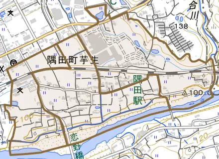 隅田町芋生とその周辺の地図。町の範囲を重ねている