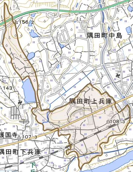 隅田町上兵庫とその周辺の地図。町の範囲を重ねている