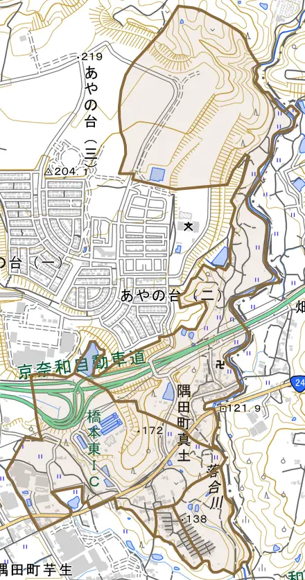 隅田町真土とその周辺の地図。町の範囲を重ねている