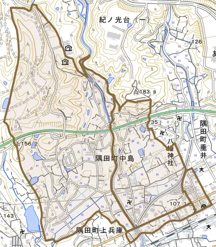隅田町中島とその周辺の地図。町の範囲を重ねている