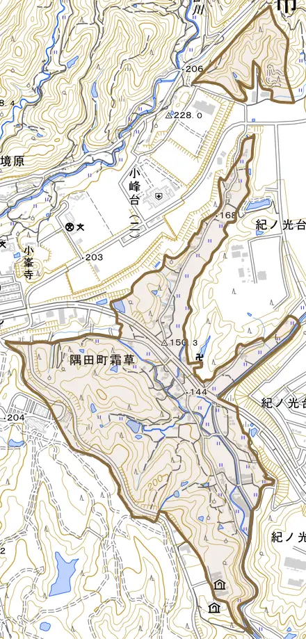 隅田町霜草とその周辺の地図。町の範囲を重ねている