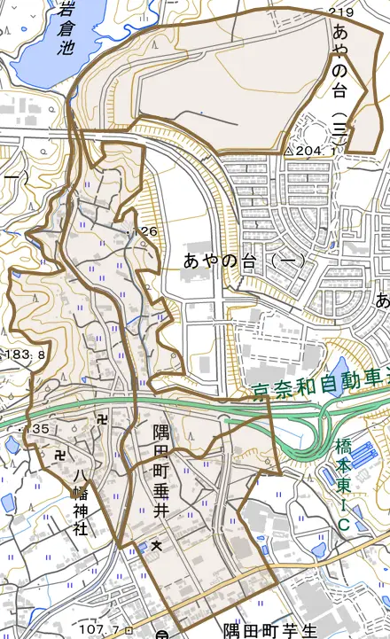 隅田町垂井とその周辺の地図。町の範囲を重ねている
