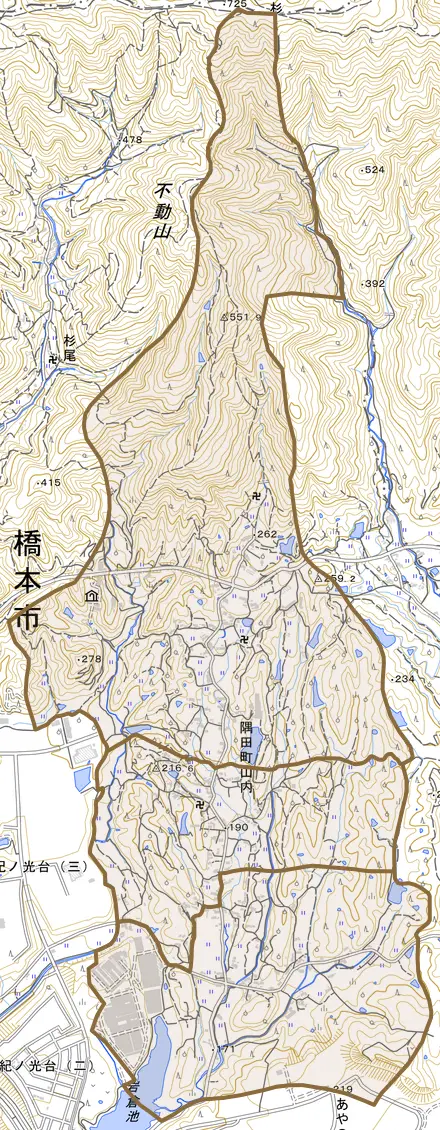 隅田町山内とその周辺の地図。町の範囲を重ねている