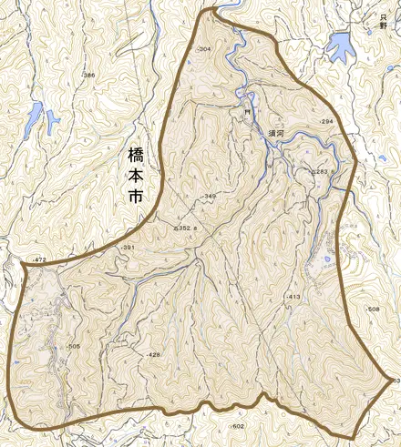 須河とその周辺の地図。町の範囲を重ねている