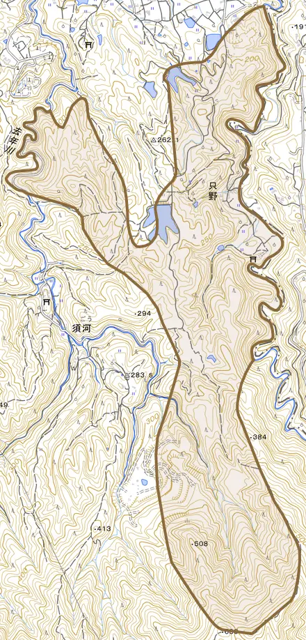 只野とその周辺の地図。町の範囲を重ねている