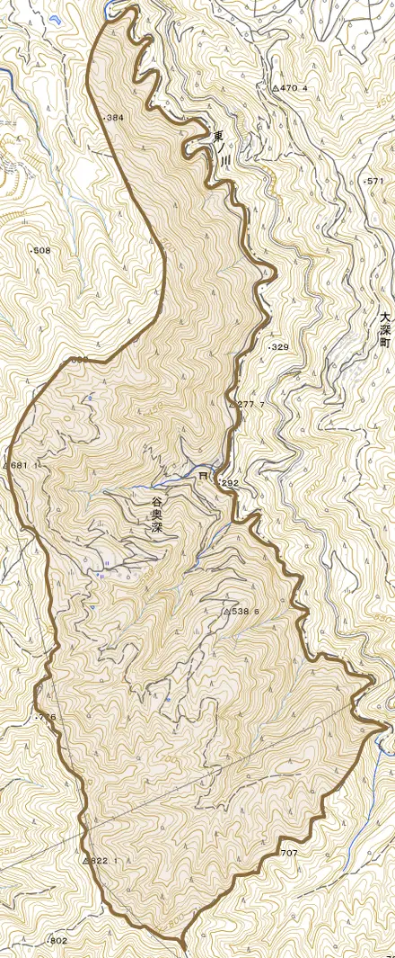 谷奥深とその周辺の地図。町の範囲を重ねている