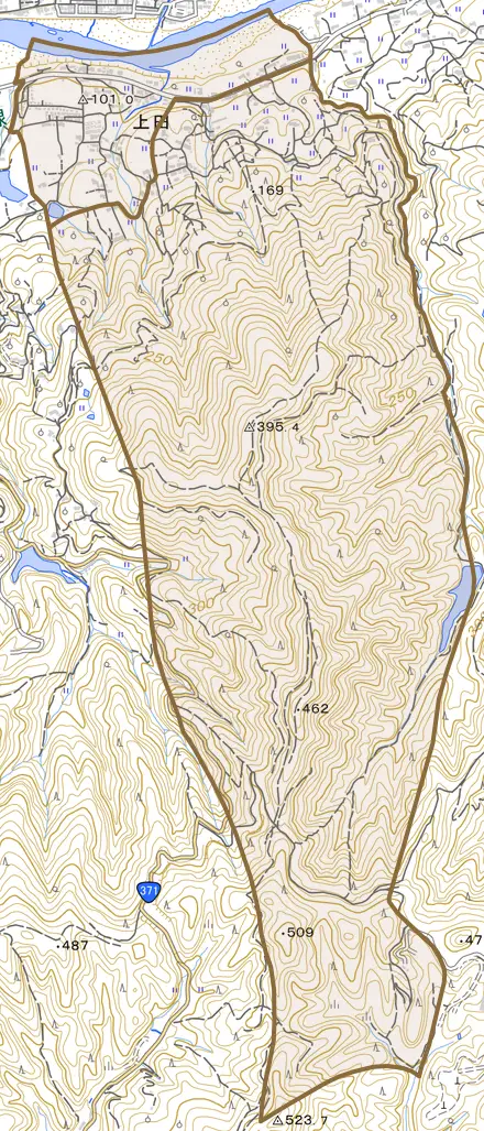 上田とその周辺の地図。町の範囲を重ねている