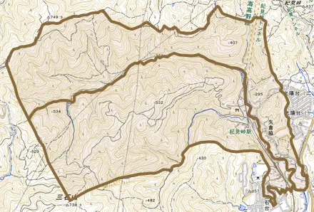矢倉脇とその周辺の地図。町の範囲を重ねている