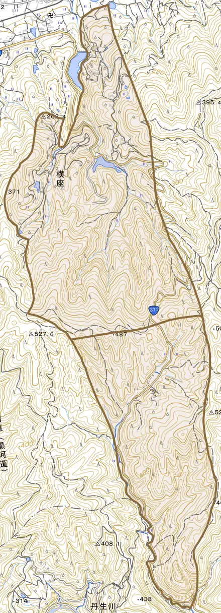 横座とその周辺の地図。町の範囲を重ねている