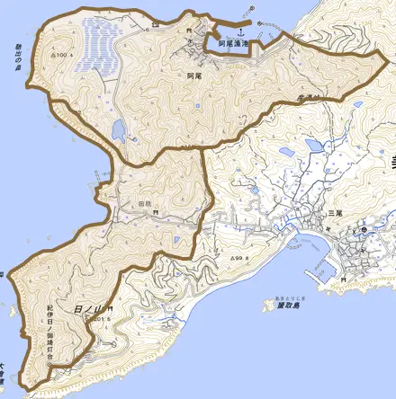 大字阿尾とその周辺の地図。町の範囲を重ねている