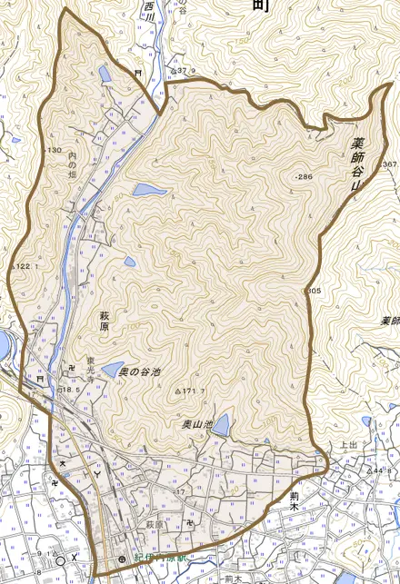 大字萩原とその周辺の地図。町の範囲を重ねている
