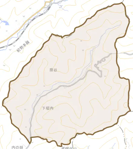 大字原谷とその周辺の地図。町の範囲を重ねている