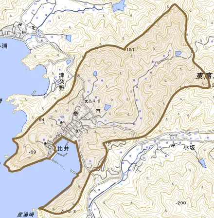 大字比井とその周辺の地図。町の範囲を重ねている