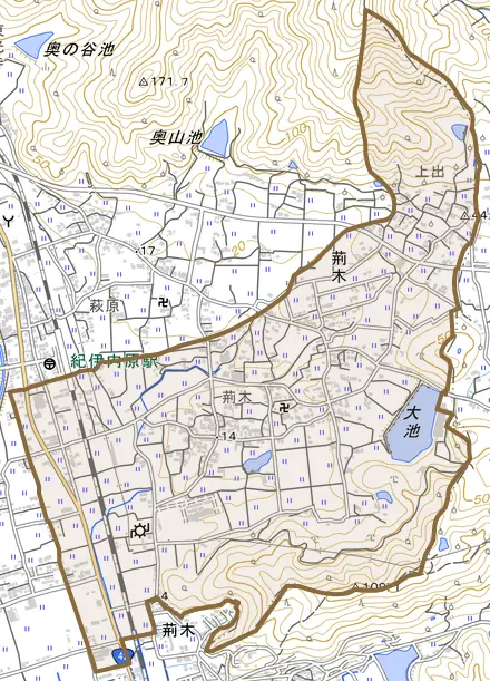 大字荊木とその周辺の地図。町の範囲を重ねている