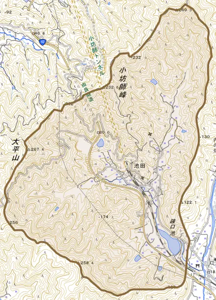 大字池田とその周辺の地図。町の範囲を重ねている
