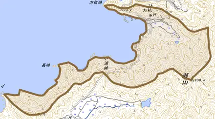 大字方杭とその周辺の地図。町の範囲を重ねている