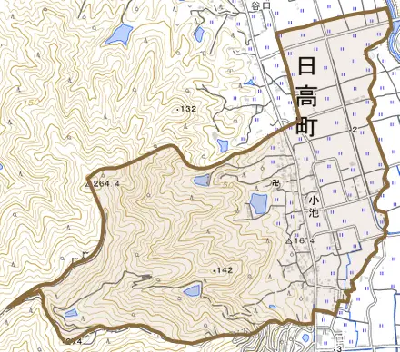 大字小池とその周辺の地図。町の範囲を重ねている