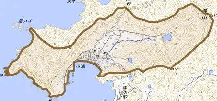 大字小浦とその周辺の地図。町の範囲を重ねている
