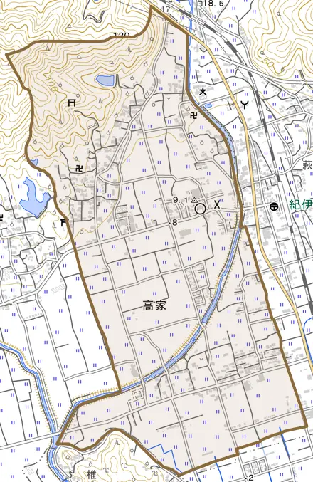 大字高家とその周辺の地図。町の範囲を重ねている