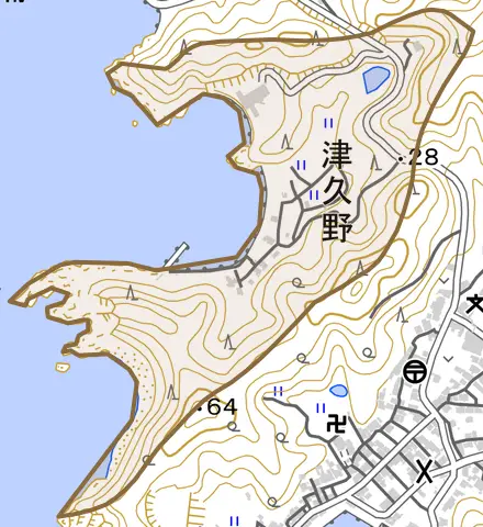 大字津久野とその周辺の地図。町の範囲を重ねている