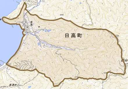 大字産湯とその周辺の地図。町の範囲を重ねている