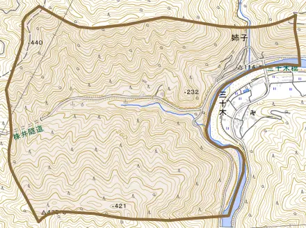 大字姉子とその周辺の地図。町の範囲を重ねている