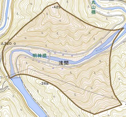 大字浅間とその周辺の地図。町の範囲を重ねている