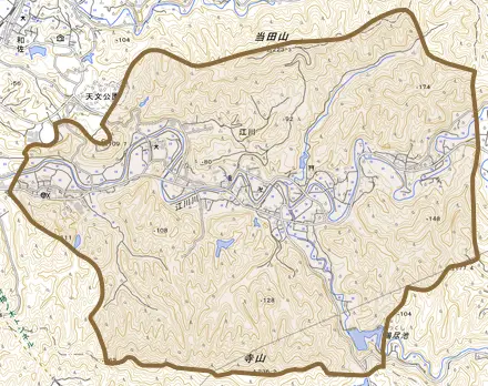 大字江川とその周辺の地図。町の範囲を重ねている