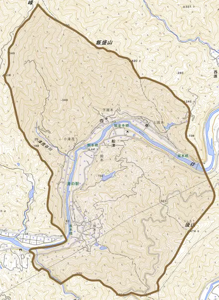 大字船津とその周辺の地図。町の範囲を重ねている