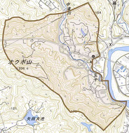 大字玄子とその周辺の地図。町の範囲を重ねている