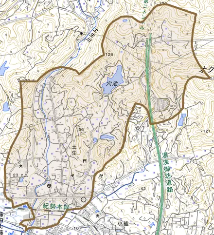 大字土生とその周辺の地図。町の範囲を重ねている
