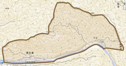大字原日浦とその周辺の地図。町の範囲を重ねている